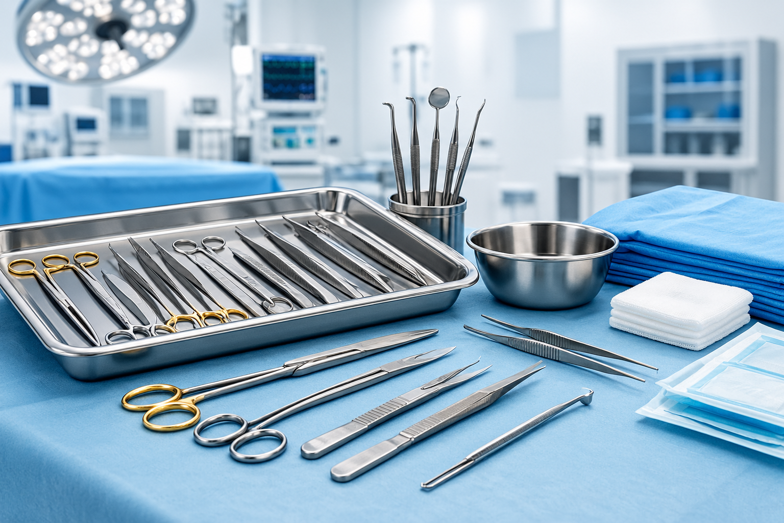 Range of stainless-steel surgical instruments including scissors, forceps and needle holders