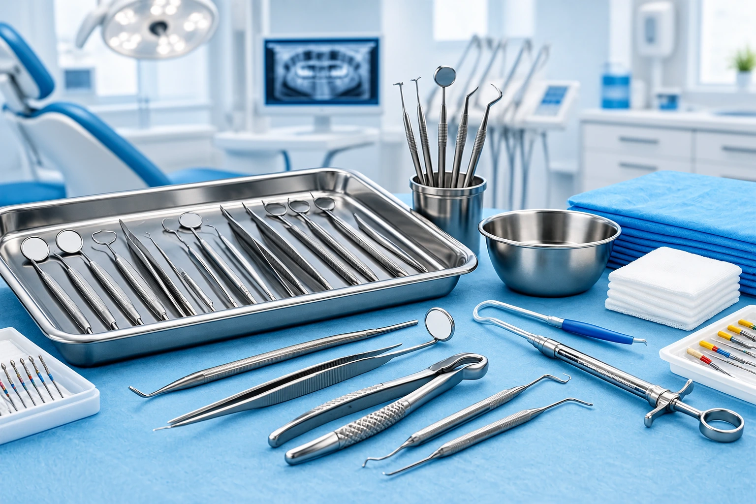 Range of stainless-steel dental instruments including forceps, elevators and scalers